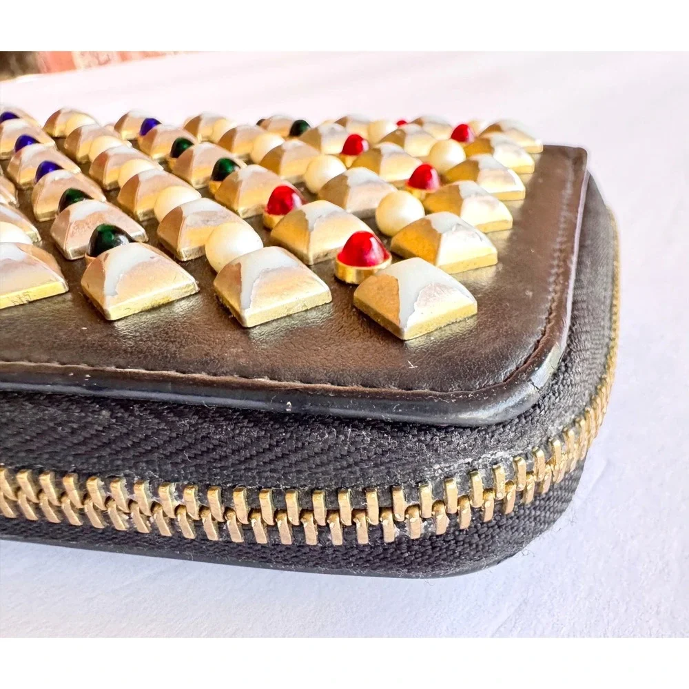 Christian Louboutin ‎ Studded Black Leather Zip Around Wallet Red Interior GUC